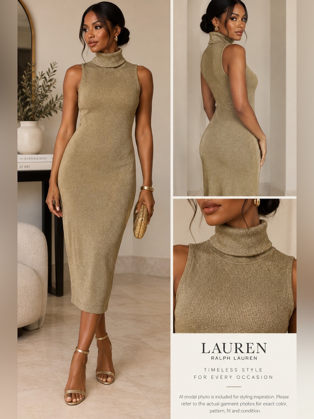 Ralph Lauren Gold Sleeveless Turtleneck Midi Dress